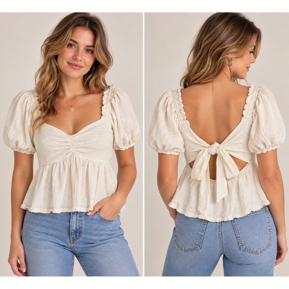 Coquette Boho Altar'd State Cream Gauze Babydoll Top Puff Sleeve M Tie Back